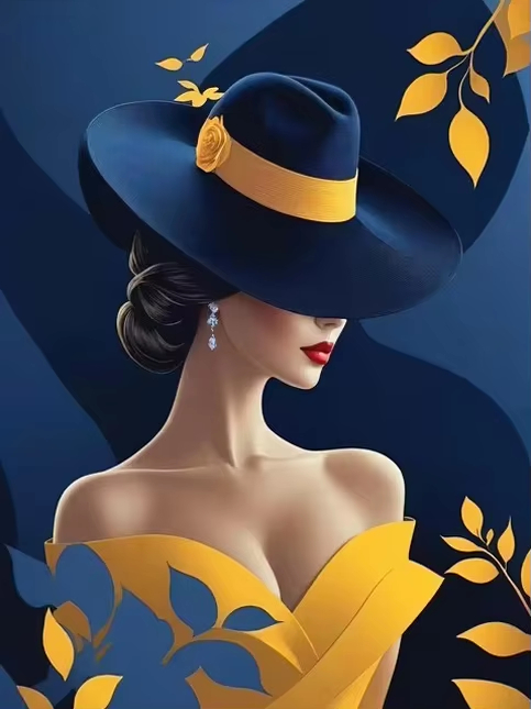 Vintage Fashion Wallpaper - Marineblauw geel elegante dame brede hoed
