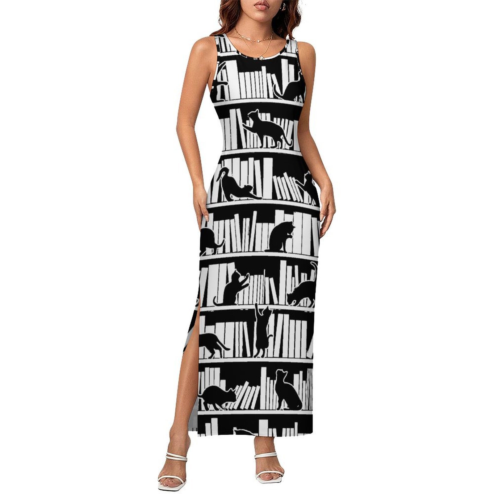 Vintage Fashion Library - Dames Bodycon Jurk Vintage Bibliotheek Katten