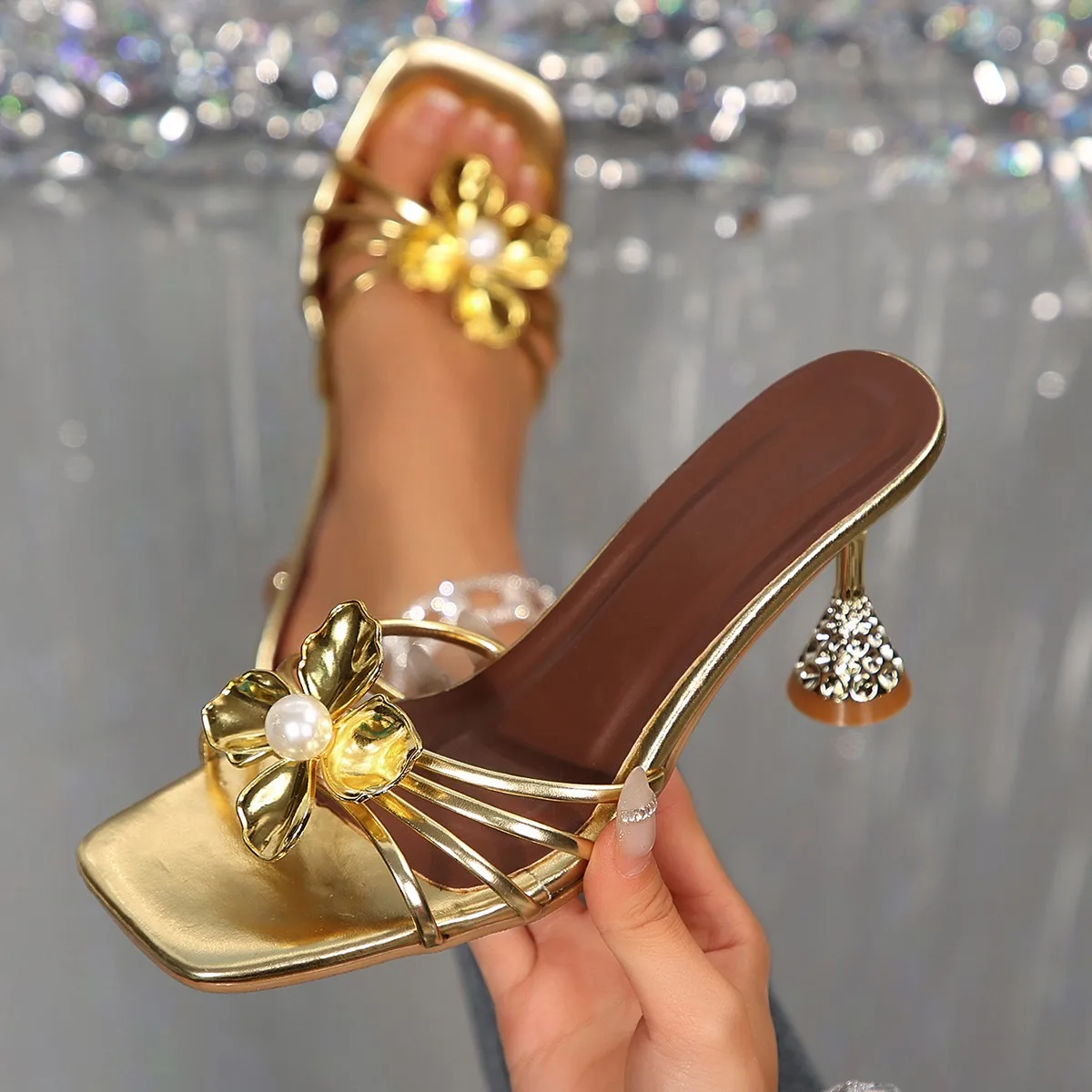 Vintage Fashion Ladies - Vintage metalen bloem kristallen conushak sandalen