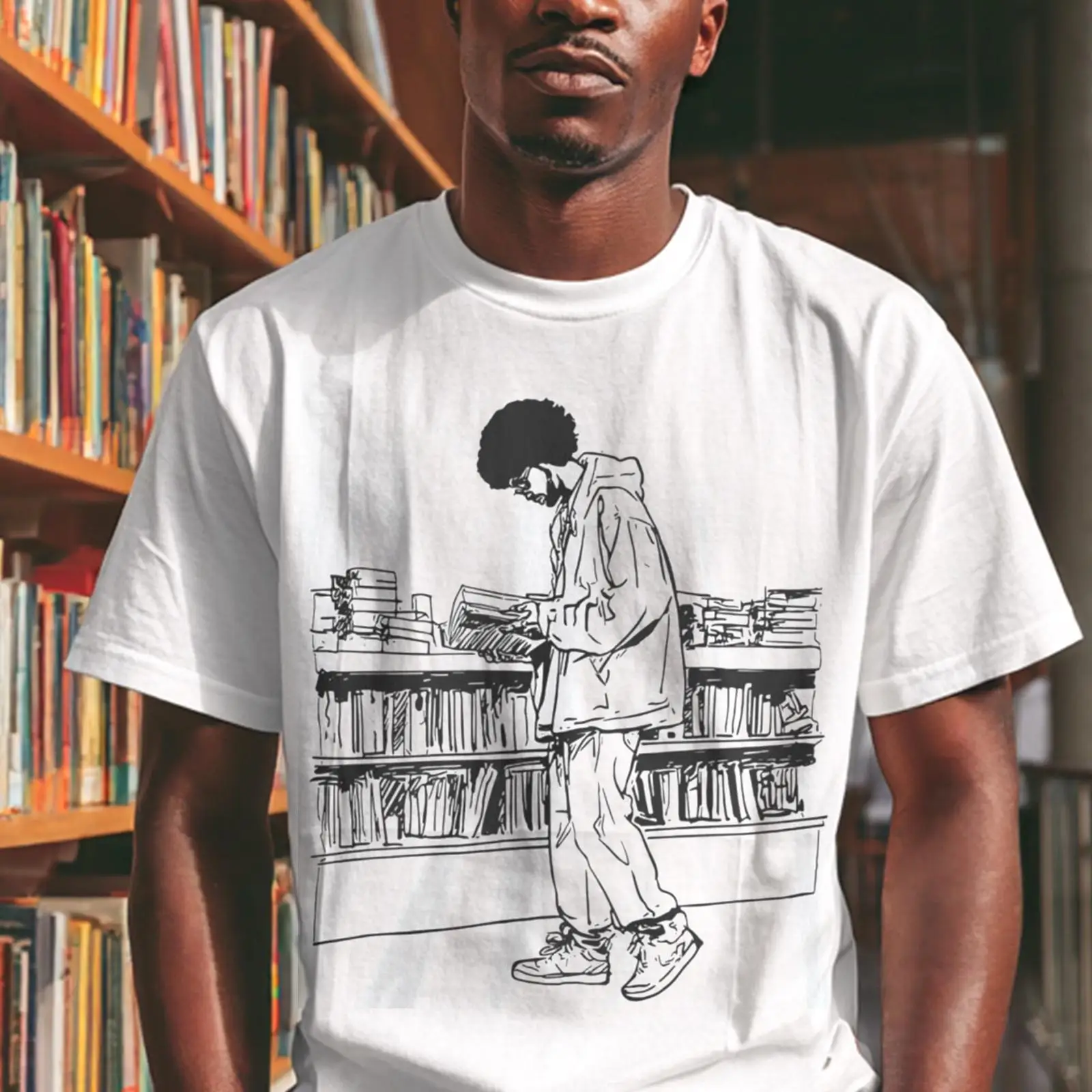 Vintage Fashion Library - Afro Man leest in de bibliotheek